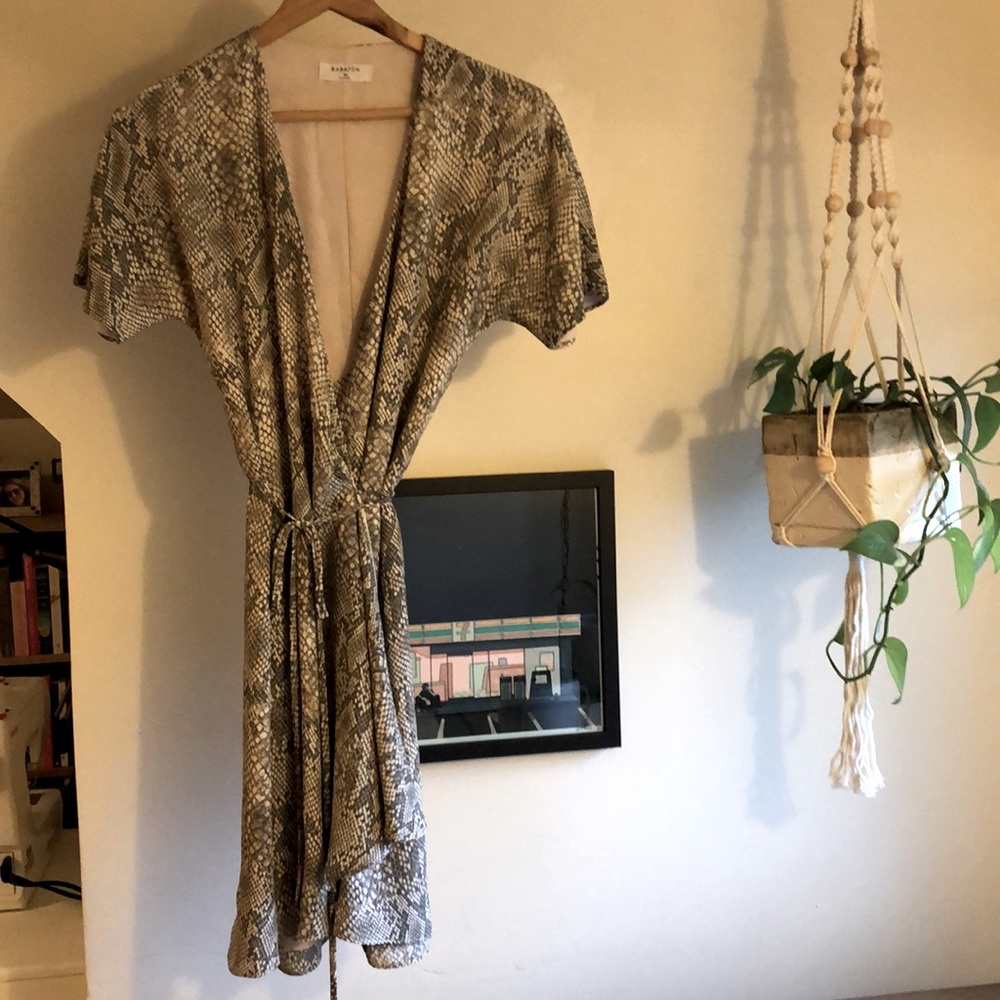 Aritzia Babaton snakeskin wrap dress.